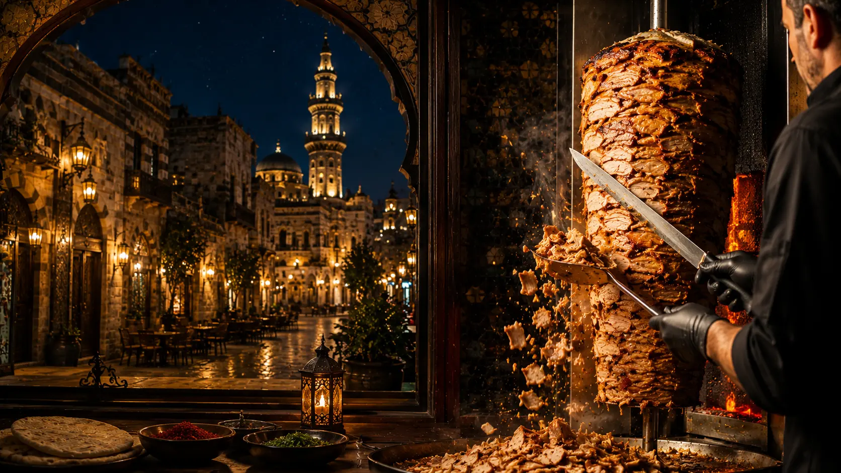 Frisch geschnittene Schawarma vom Spieß, im Hintergrund die Altstadt von Damaskus bei Nacht