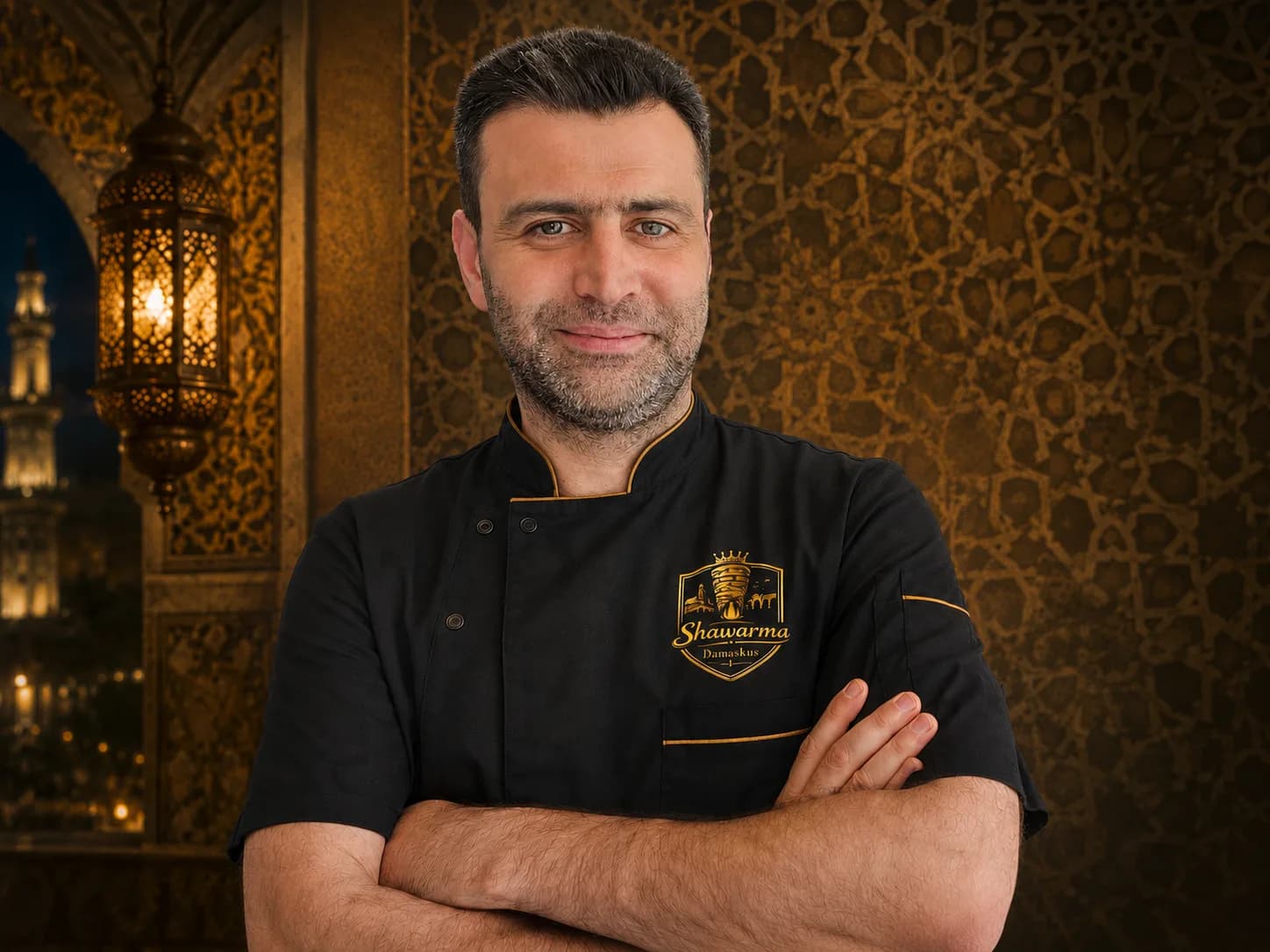 Mohamad Rawda, Inhaber von Shawarma Damaskus, in der Kochjacke vor Damaszener Kulisse